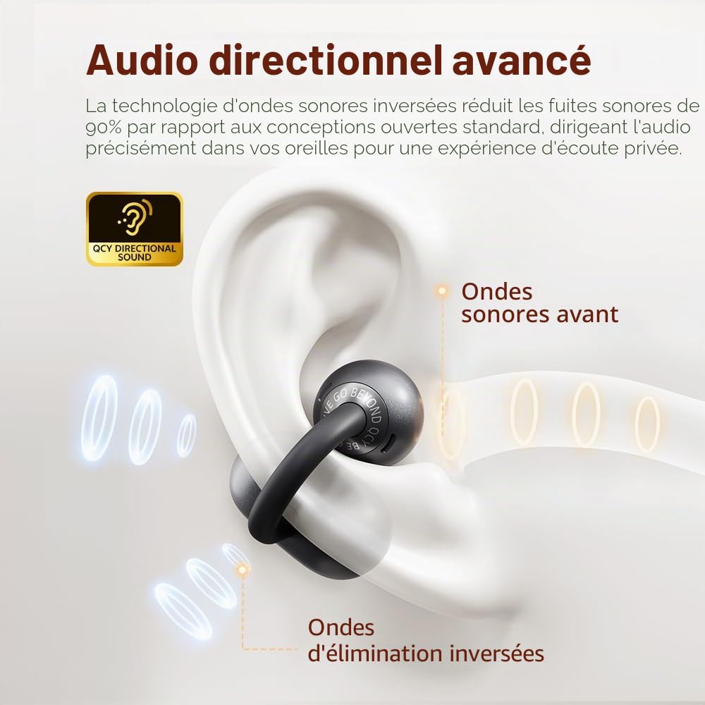 QCY Crossky C50 Écouteurs Bluetooth Ouvert, Écouteur sans Fil à Clip,Basses puissantes,Réduction de Bruit des appels,5,2g Ultra-léger et Confortables,Bluetooth 6.0, 36h autonomie,IPX5