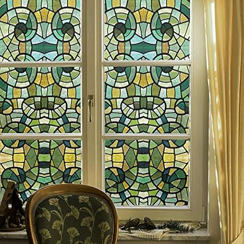 funlife Stained Glass Window Film Non-Adhesive Static Cling Glass Film Decorative for Home UV Blocking Privacy Heat Insulation Green Glass Mosica 11.8" x 118" Cover