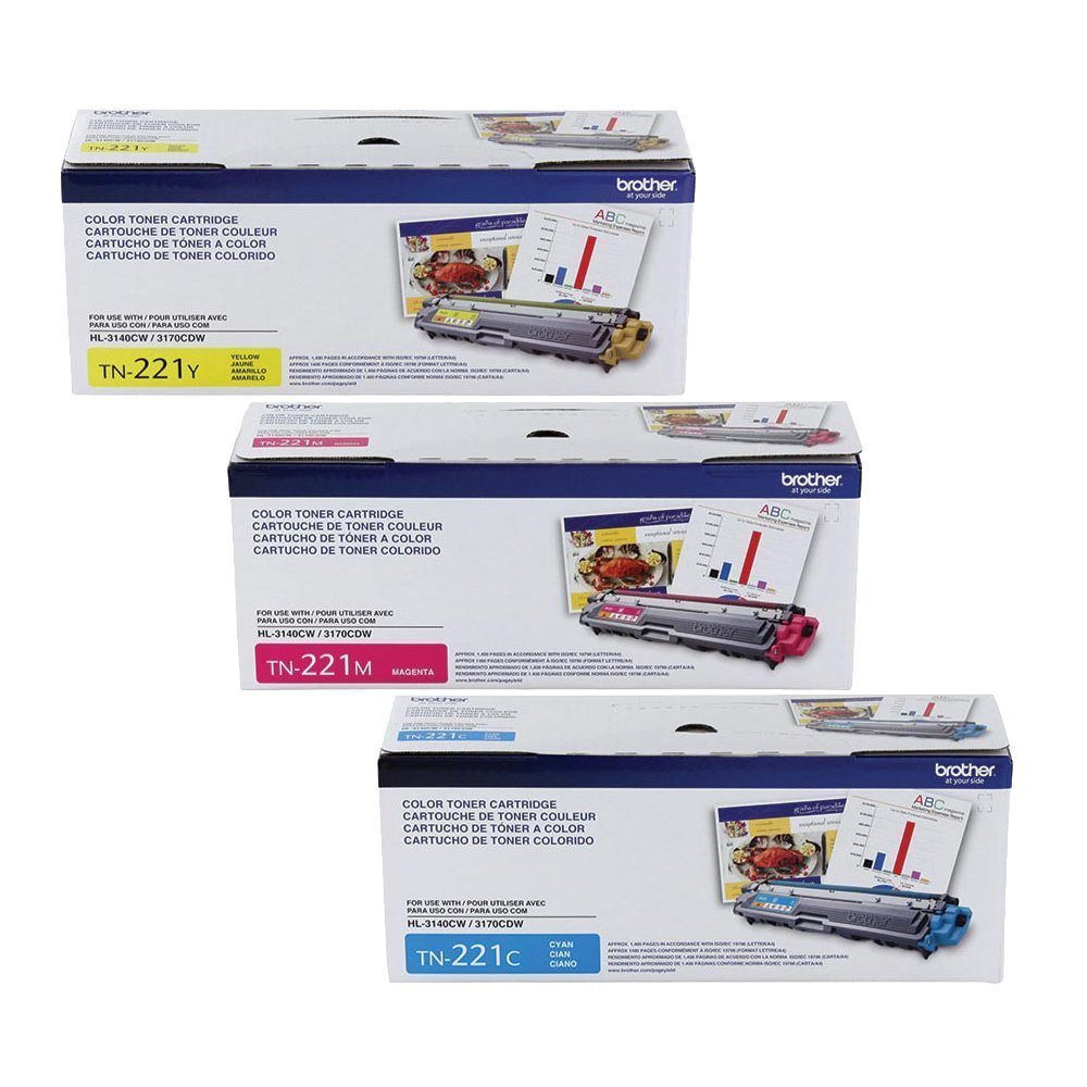 Brother TN221C, TN221M, TN221Y (TN-221C, TN-221M, TN-221Y) Cyan, Magenta and Yellow Toner -Cartridge Set
