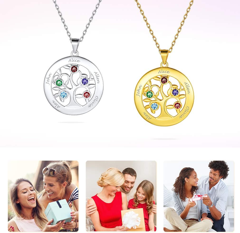 Custom4U Personalized Birthstone Name Necklace - Heart & Round Pendants Sterling Silver & Stainless Steel Family Tree of Life Charm Mother's Day Jewelry Gift for Women Mom Grandma