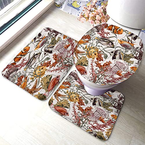 Badezimmerteppich-Set, 3-teilig, Aquarell-Unterwasser-Kunstdruck, waschbare Badeteppiche, rutschfest, mit Rückenpolster, Konturteppich und Toilettendeckelbezug