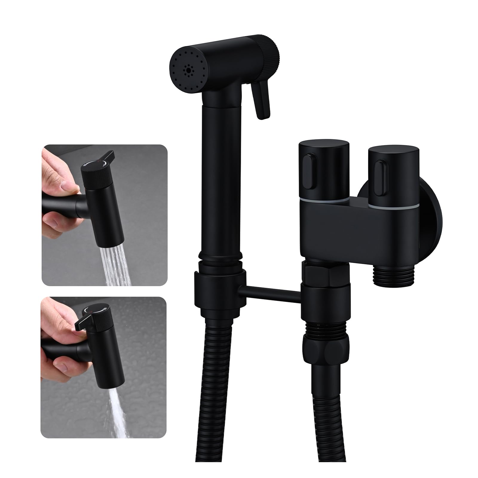 Kit Douchette WC Noir, Laiton Douchette Toilette Un Entré et Deux Sortis Douchette WC Kit Complet avec Pulvérisateur de Bidet à 2 Fonctions, 1.2m Tuyau de Douche, Douchette Hygiénique pour WC