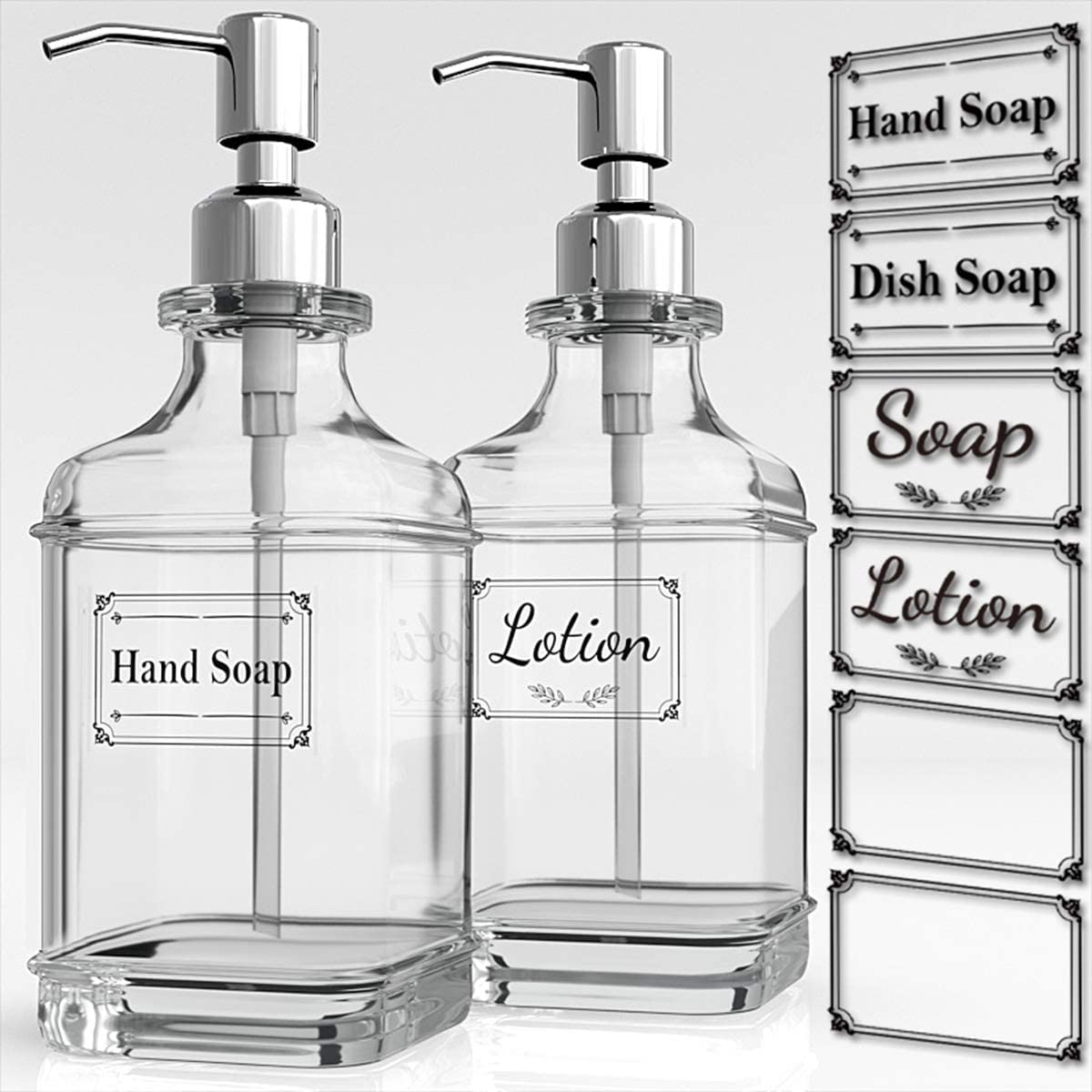 Soap Dispenser - 2 Pack, 18 Oz Antique Design Thick Glass Hand Soap Dispensers; with 304 Rust Proof Stainless Steel Pump, 6Pcs Clear Stickers, for Kitchen, Bathroom - Silver