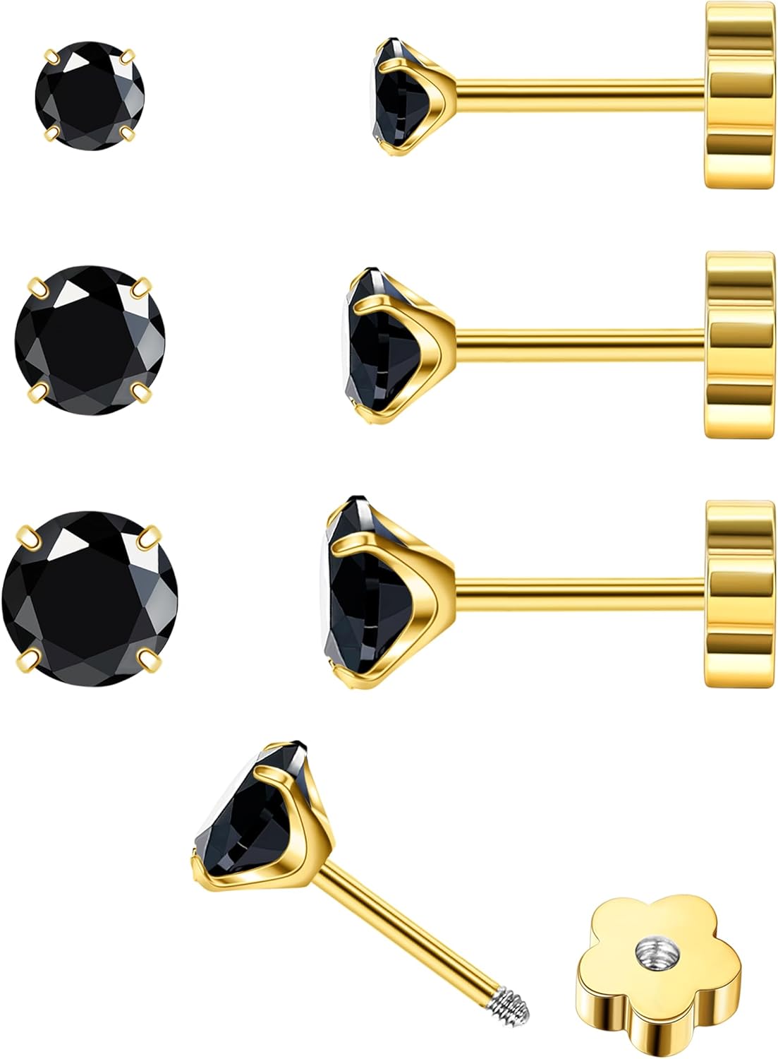 14K Gold CZ Flat Back Earrings for Women Hypoallergenic Cartilage Cubic Zirconia Earrings Studs 20G Handmade Nap Screw Back Earrings for Helix Conch Multiple Piercing