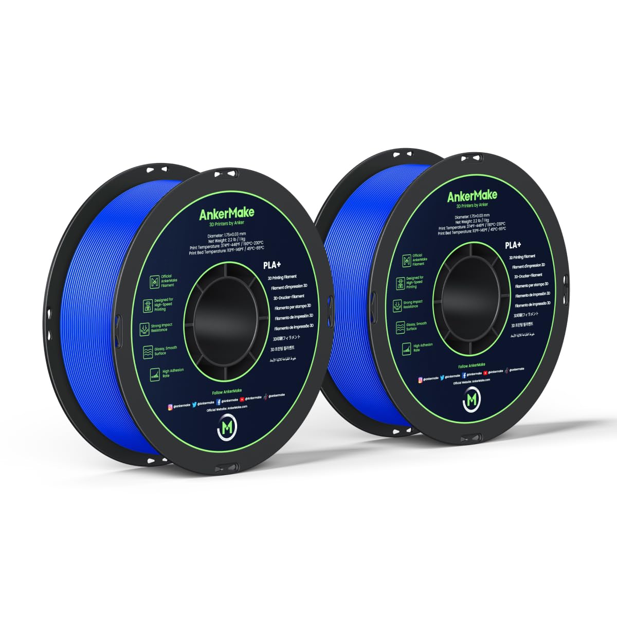 AnkerMake PLA+ 3D Printing Filament, AnkerMake Official Filament, 2-Pack, 4.4 lb / 2 kg, Smooth, High-Adhesion Rate, Designed for High-Speed Printing - Blue