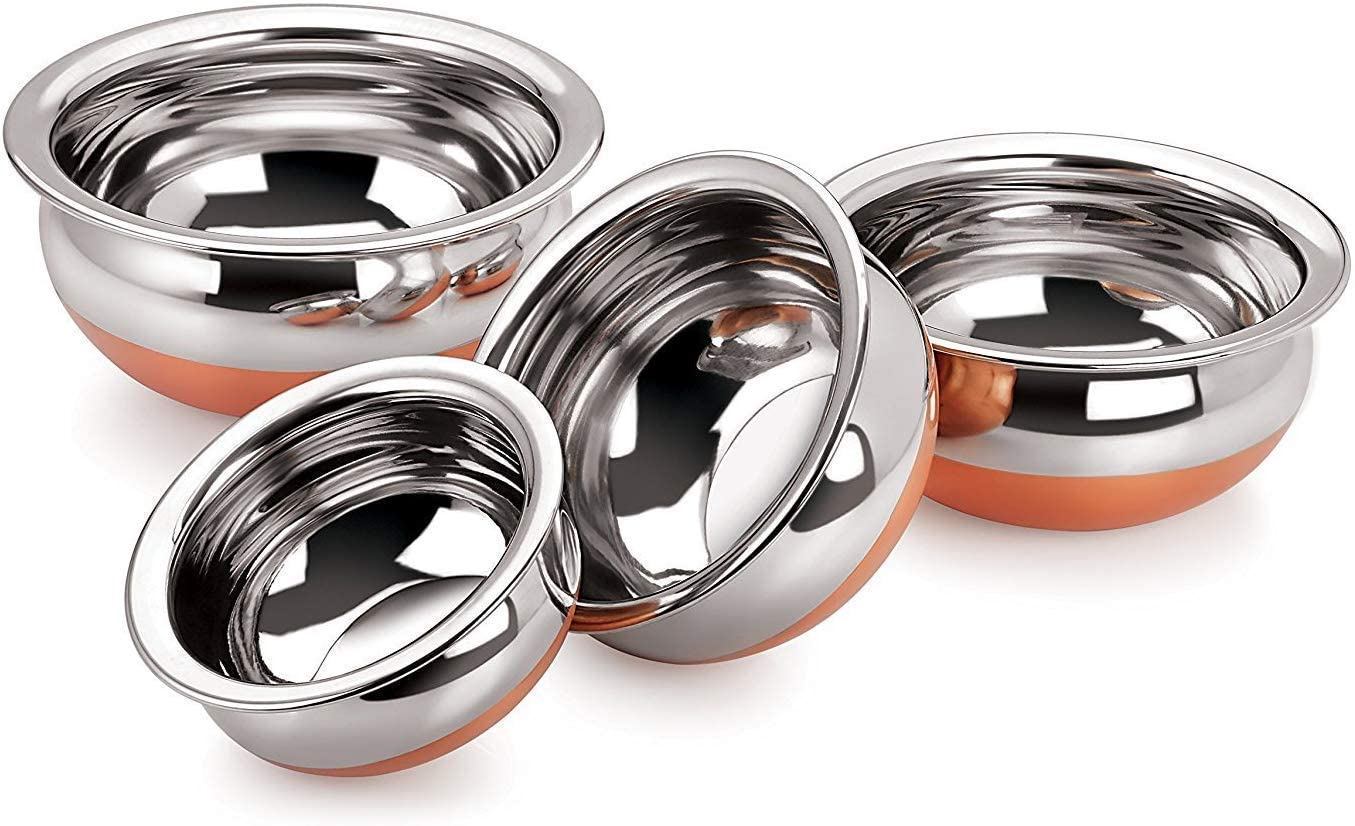 Nex Vox Home Kitchen Appliances Stainless Steel Handi with Copper Bottom Handi 4-Piece Set Multi-Purpose Capacity Cookware(4 pic Copper Bottom Handi)
