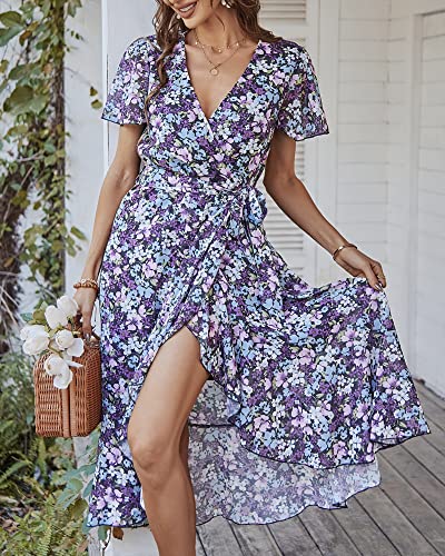Bequemer Laden Women's Summer Floral Dress Wrap V Neck Short Sleeve Belted Ruffle Beach A-Line Bohemian Maxi Dresses B-Black #TOP1