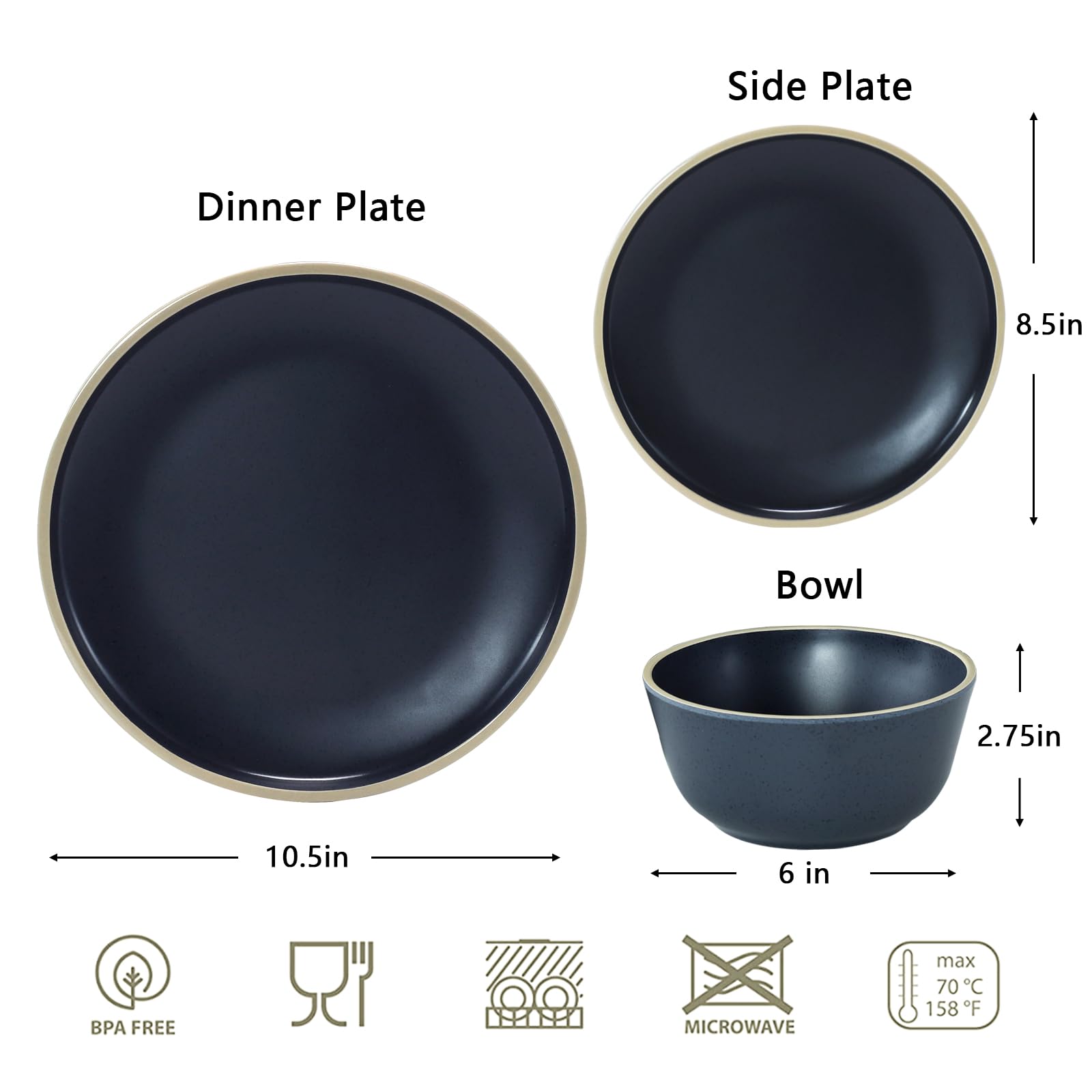Juego de vajilla de melamina para 4, juegos de platos y cuencos de 12 piezas, irrompible, sin BPA, apto para interiores y exteriores (negro mate)
