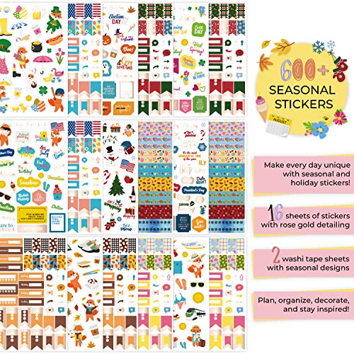 Image of Clever Fox Season Calendar Stickers 600+ Month, Holiday and Season Stickers for Your Planner, Monthly Diary, Calendar, 18 Sheets, Sticker Set Washi Tape (Holiday Package)
