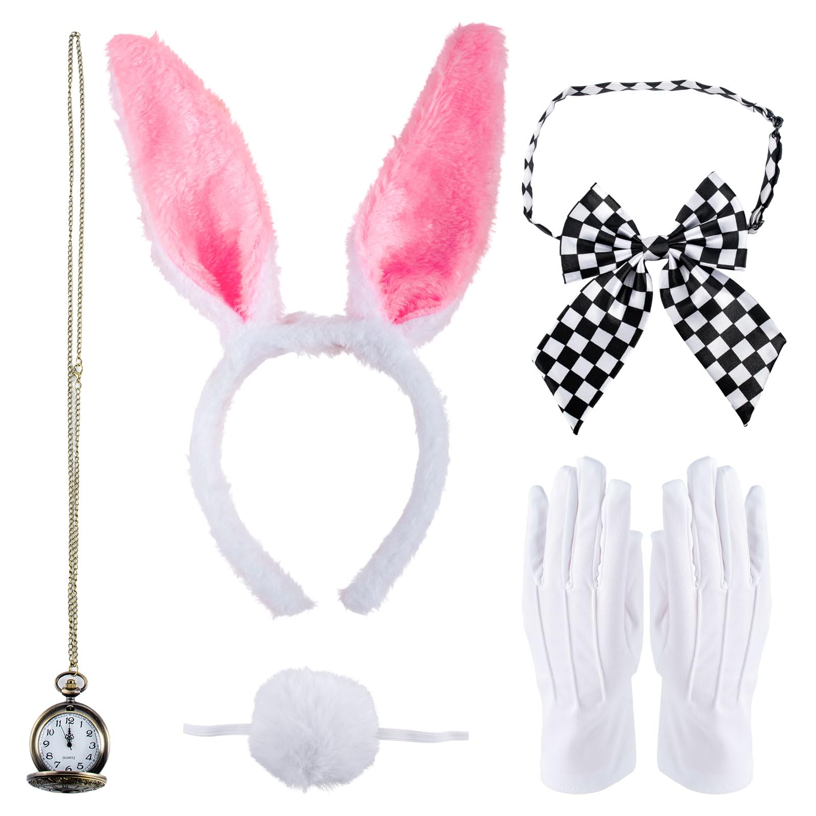SSKHE Juego de 5 accesorios para disfraz de conejo, disfraz de conejo del país de las maravillas, juego de accesorios de disfraz de conejo con orejas blancas, corbatín, cola, nariz, guantes para