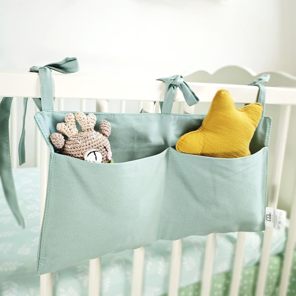 MOVEBO Baby Bedside Bag - 2 Pockets Crib Organizer Hanging for Crib,5 Colors Selection -Baby Toys Storage High-Capacity Baby Hanging Organizer (Blue)