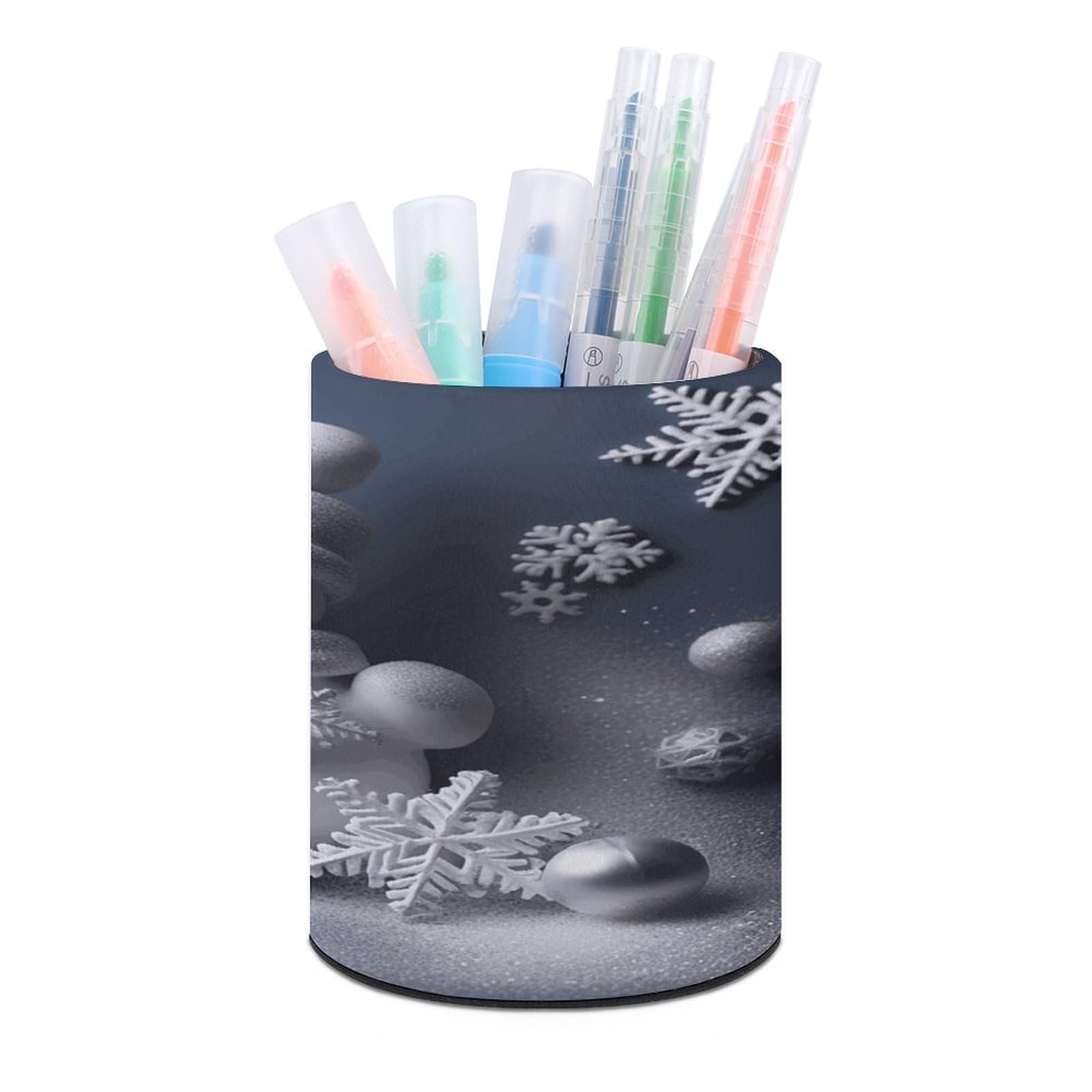 FekiLoot Snowman Stars And Snowflakes Pen Holder Cup Fashion PU Leather Pencil Cup Minimalist Pen Organizer Round Pencil Holder Stand Work Locker Accessories for Decoration Desk Office Home