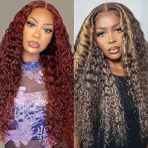 Reddish Brown 13x4 Deep Wave Lace Front Wigs Human Hair 26 Inch+Highlight Ombre 13x4 Deep Wave Lace Front Wigs 34 Inch