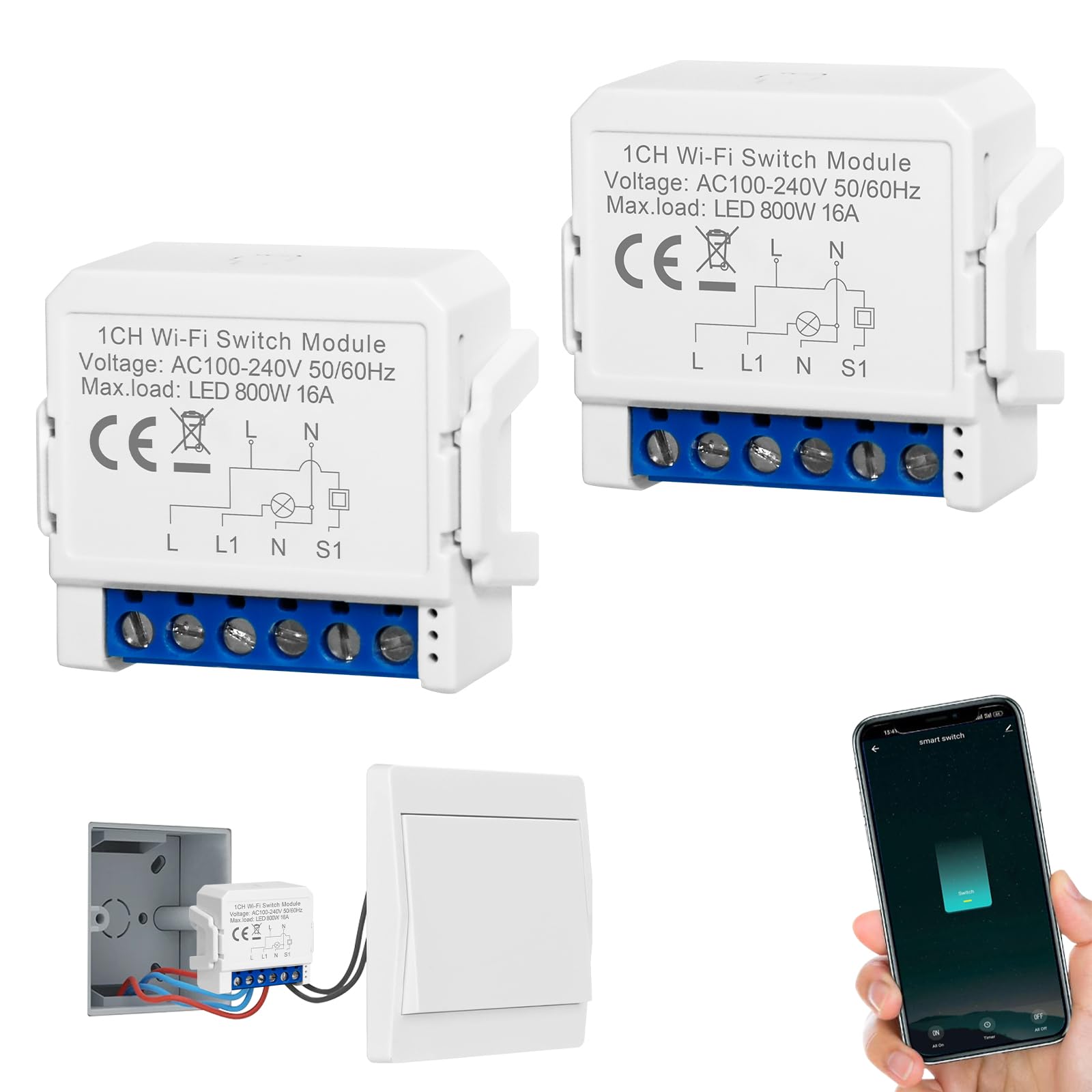 2PC Interruptor Inteligente Wifi de Luz, Interruptor Wifi Control Simple/Doble, Interruptor Alexa, Interruptor Inteligente Alexa, Mini DIY Smart Switch WIFI Módulo Compatible con Tuya y Smart Life