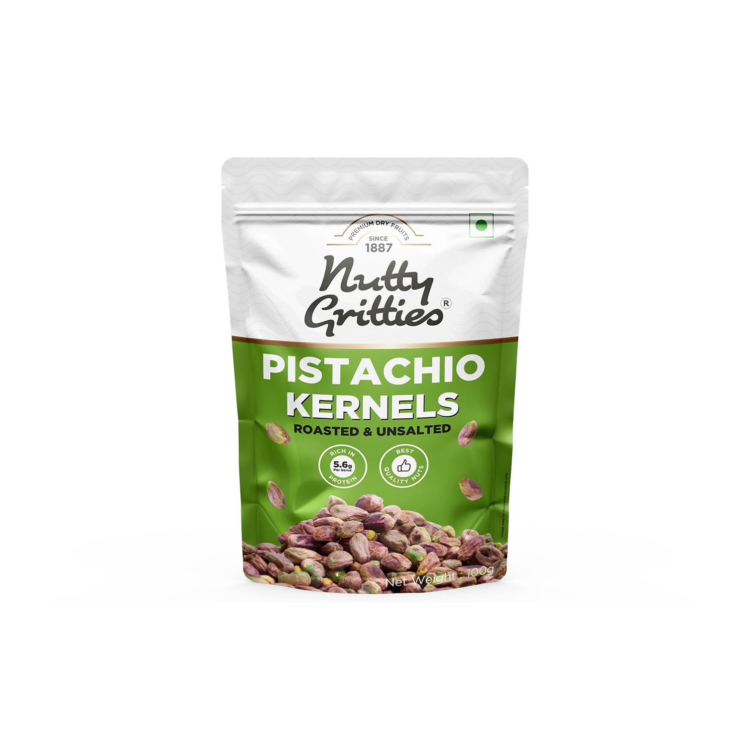 Nutty Gritties Premium Pista Kernels, No Shells, Roasted Unsalted 100g | Resealable Pouch