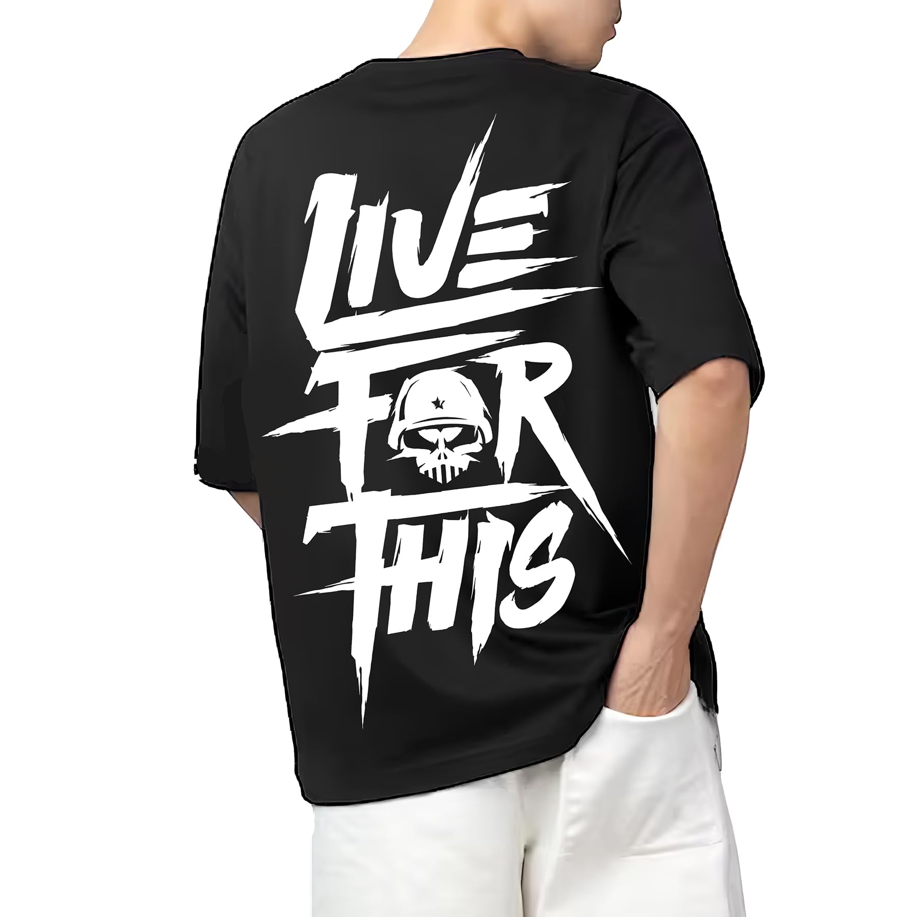 AROA Tshirt Live for This Model : 044 Men Cotton Printed Oversized/dropshoulder/Round Neck Black Tshirt for Men Women Unisex-picture-21