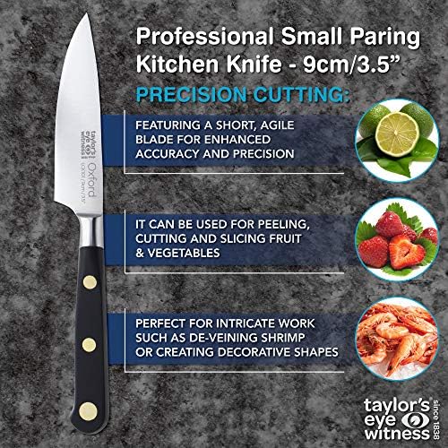 Taylors Eye Witness Oxford Professional Paring Knife - 9cm/3.5 Full Tang Blade from Graded Taper Ground Stainless Steel, Traditional Triple Brass Rivet Comfort Handle. Sharper for Longer