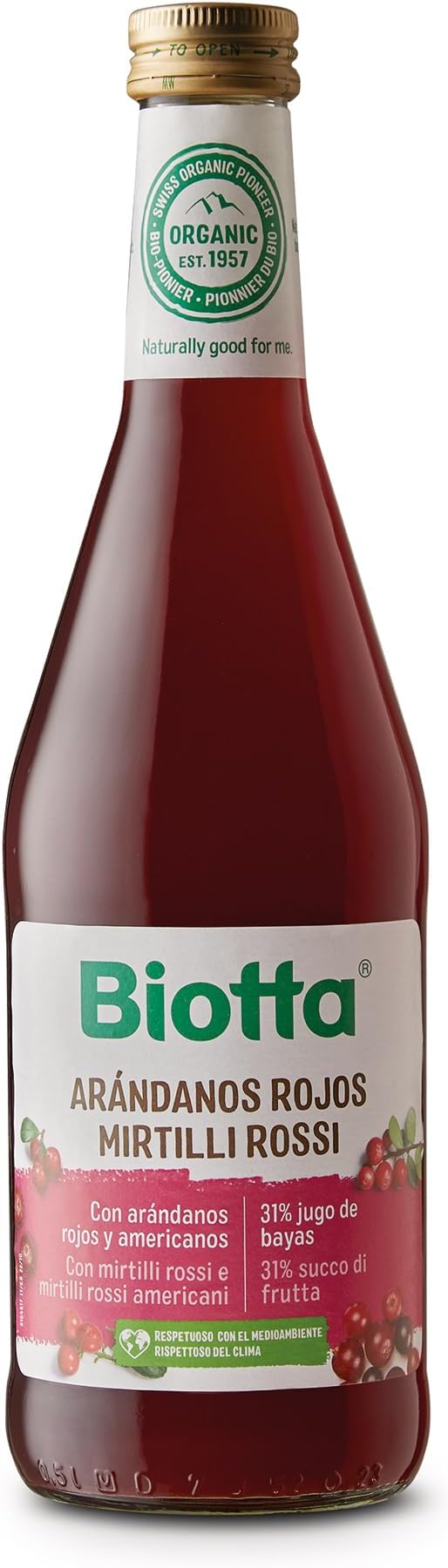 Jugo de Arándano Rojo Biotta 100% Orgánico con Infusión de Abedul y Ágave, 500 ml