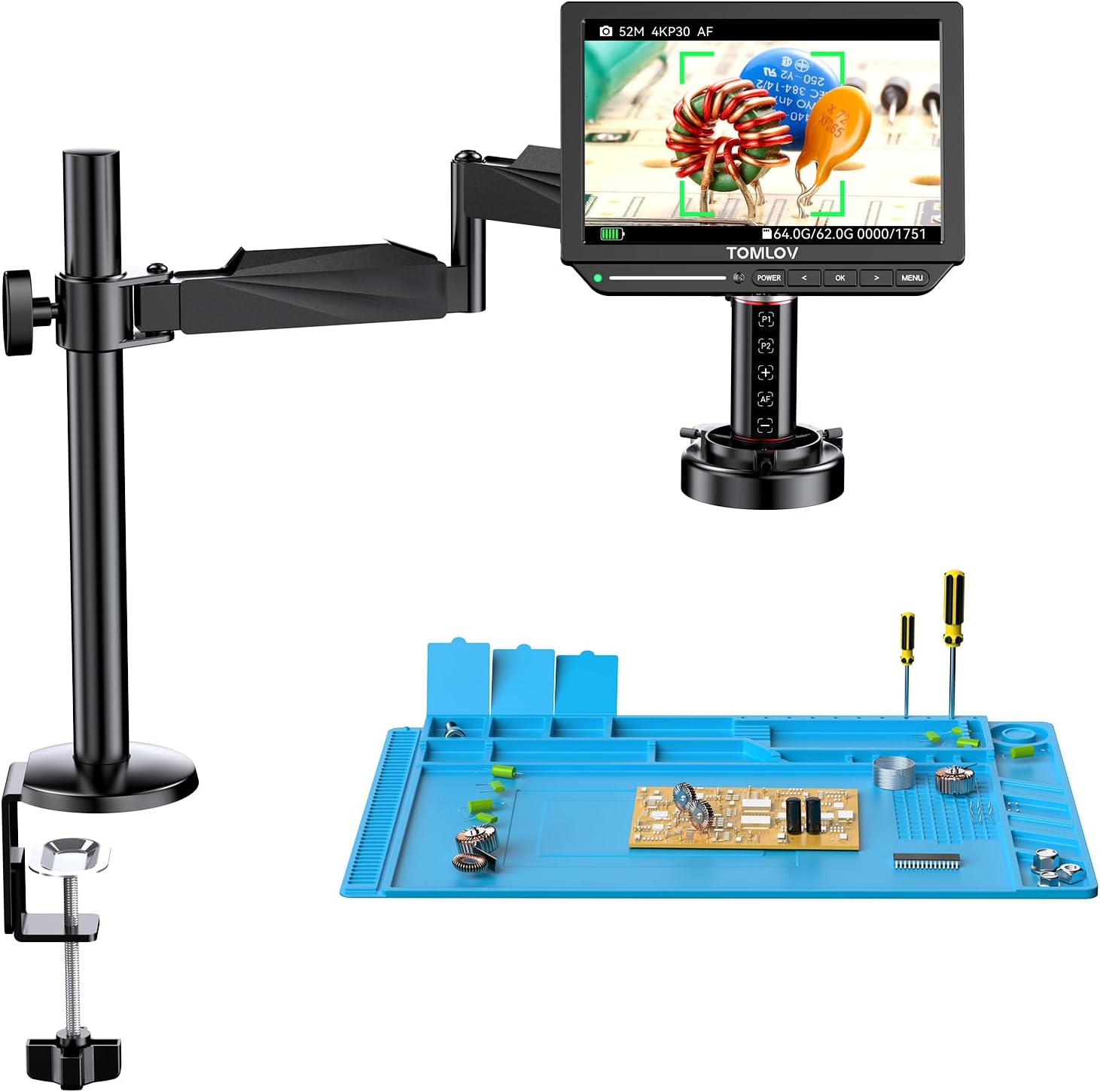 TOMLOV Autofocus Microscope, TM4K-AF 4K Flex Arm Digital Microscope with Screen, 8" HDMI Micro Soldering Microscope for Adults with Ring Light, 52MP LCD Coin Microscopes, Electronics Repair Mat, 64G