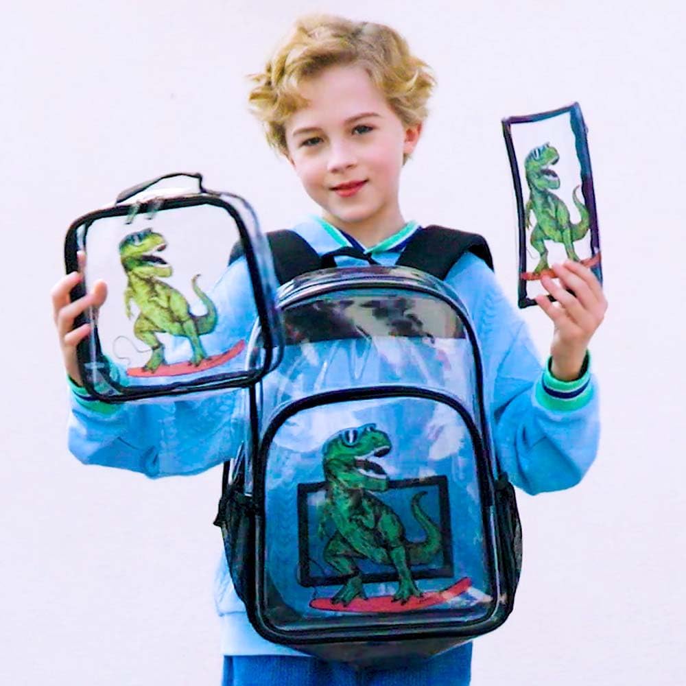 AGSDON 3PCS Clear Backpack for Boys, Kids Dinosaur Transparent Bookbag Heavy Duty, Cute See Through Backpacks with Lunch Bag - Blue