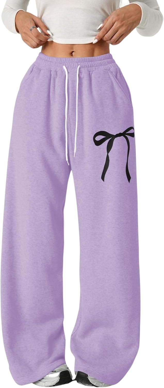 Verdusa Women's Coquette Bow Baggy Sweatpants Fitness Clothing Wide Leg Pants with Pockets