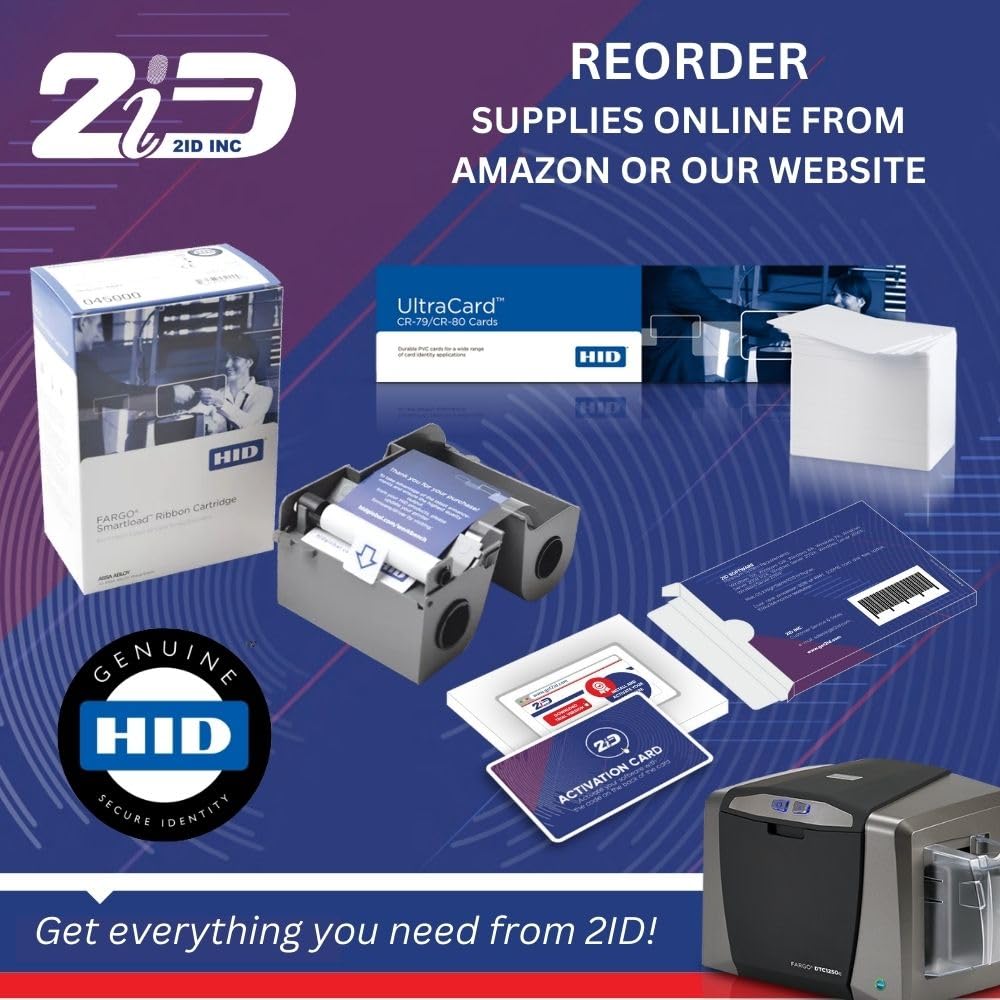 2ID Fargo DTC1250e Stampante per badge su un lato e pacchetto completo di forniture | Include software di produzione di carte per principianti per documenti scolastici, carte di accesso aziendali e