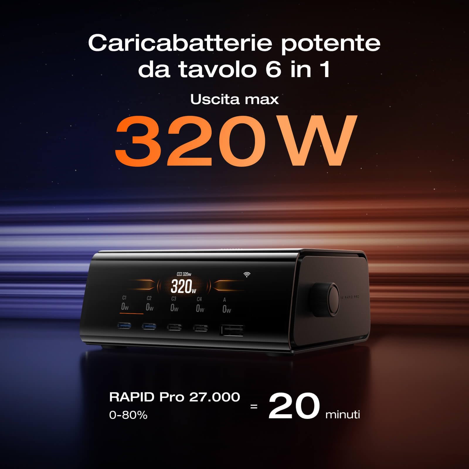 Caricabatterie da tavolo EcoFlow RAPID Pro (320 W, 5 porte, GaN), uscita fino a 320 W, per 6 dispositivi, 5 porte + Power bank EcoFlow RAPID Pro, compatibile con iPhone 16/15, Samsung, MacBook e altri