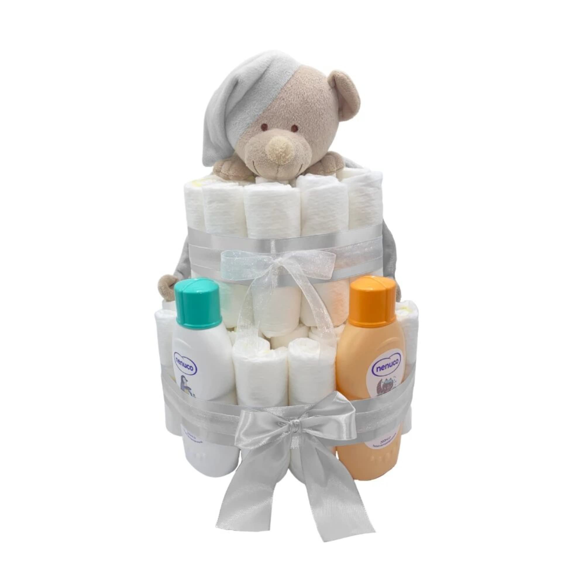 Tarta de Pañales | Pastel de Pañales Unisex | Regalo Original para Recién Nacido | Regalo para Bebé | Modelo Nenuco Doudou Gris - MyLittleBabies