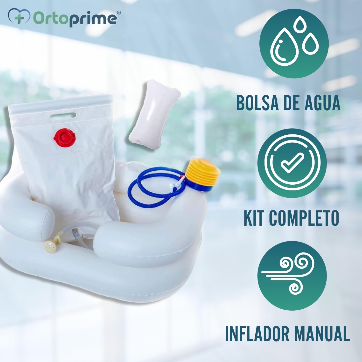 OrtoPrime Lavacabezas Hinchable para Cama KIT COMPLETO con tubo de Drenaje y Bolsa - Ortopedia Lavacabezas Portátil PELUQUERÍA y HOGAR con Hinchador - Lavabo de Cabello Bañera Hinchable para Cama