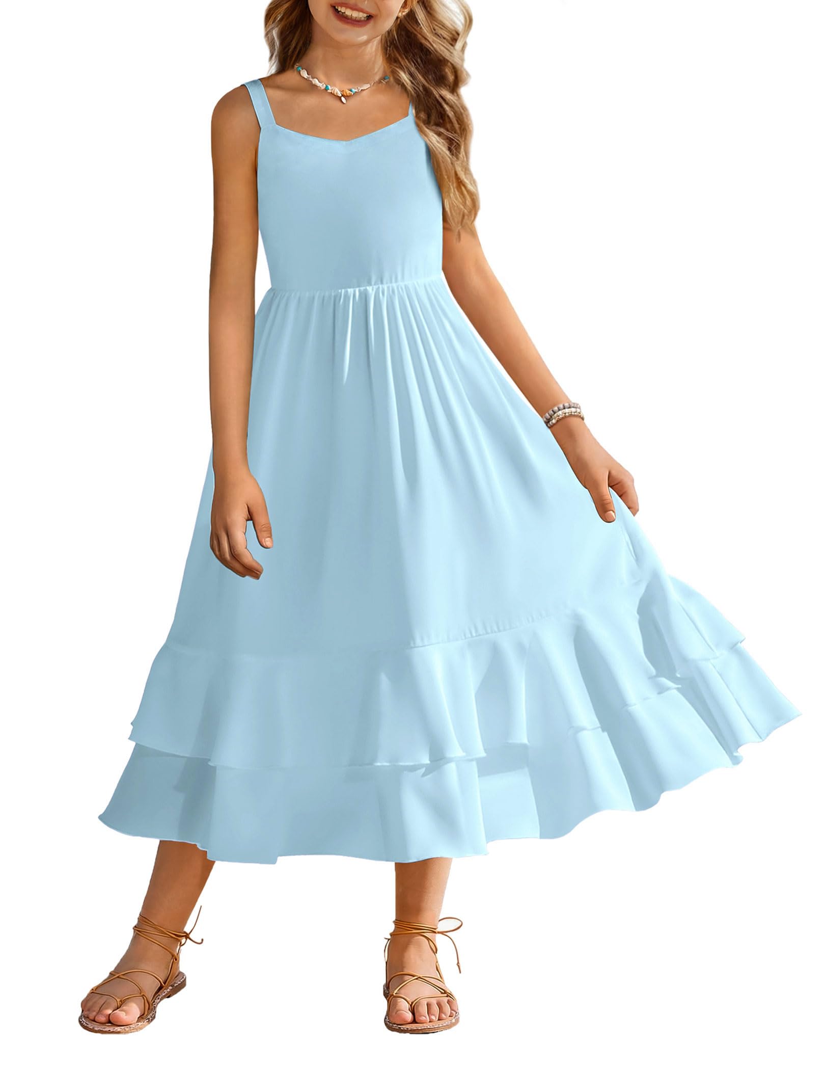 Photo 1 of Arshiner Girls Cami Summer Dress Casual Sleeveless Sundress with Pockets for 11-12 Y Light Blue