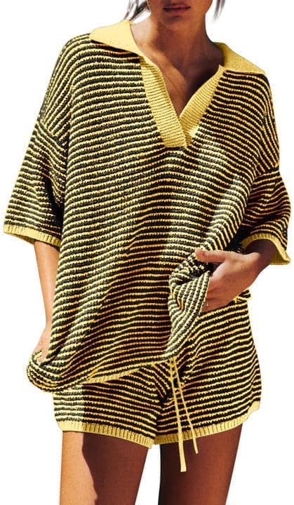 Tankaneo Womens Sweater Set 2 Piece Outfits Oversized 3/4 Sleeve V Neck Knit Tops High Waisted Shorts Lounge Sets