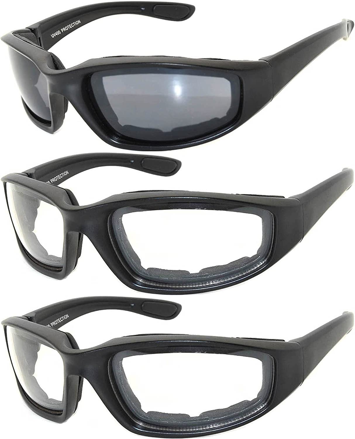 OWL 3 Pack Motorcycle Riding Glasses, Padded Sport Sunglasses, Assorted Colors for Men and Women