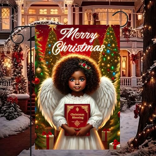 Image of BlissYard Christmas Garden Flag 12x18 Inch Angel Book Yard Decor | Double sided polyester, christmas angel blessing book design, faith inspired decor for holiday porch and yard