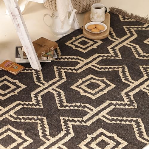Image of Peepul Tree Handcrafted Monochrome Carpet Black & Beige | Natural Fibre Wool & Jute Rug 3x5 Ft | Geometric Print Area Rug for Home Decor & Gifting | Bedside Runners & Floor Rug| 91Cm x 152Cm