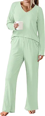Ekouaer Womens Ribbed Knit Pajamas Set V Neck Long Sleeve Pj Set 2 Piece Loungewear Casual Sleepwear