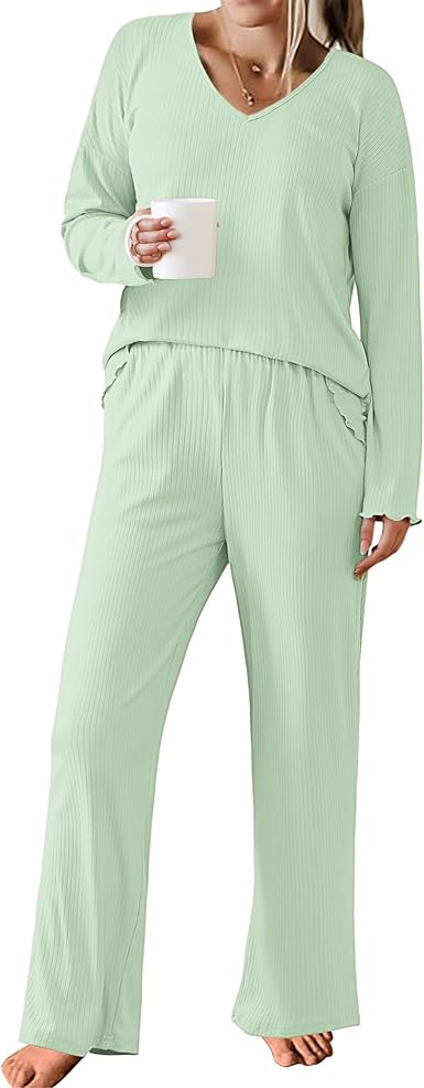 Ekouaer Womens Ribbed Knit Pajamas Set V Neck Long Sleeve Pj Set 2 Piece Loungewear Casual Sleepwear