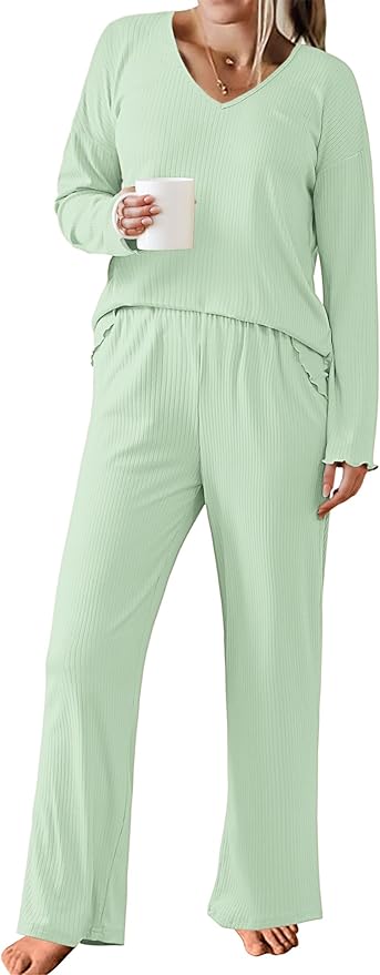 Ekouaer Womens Ribbed Knit Pajamas Set V Neck Long Sleeve Pj Set 2 Piece Loungewear Casual Sleepwear