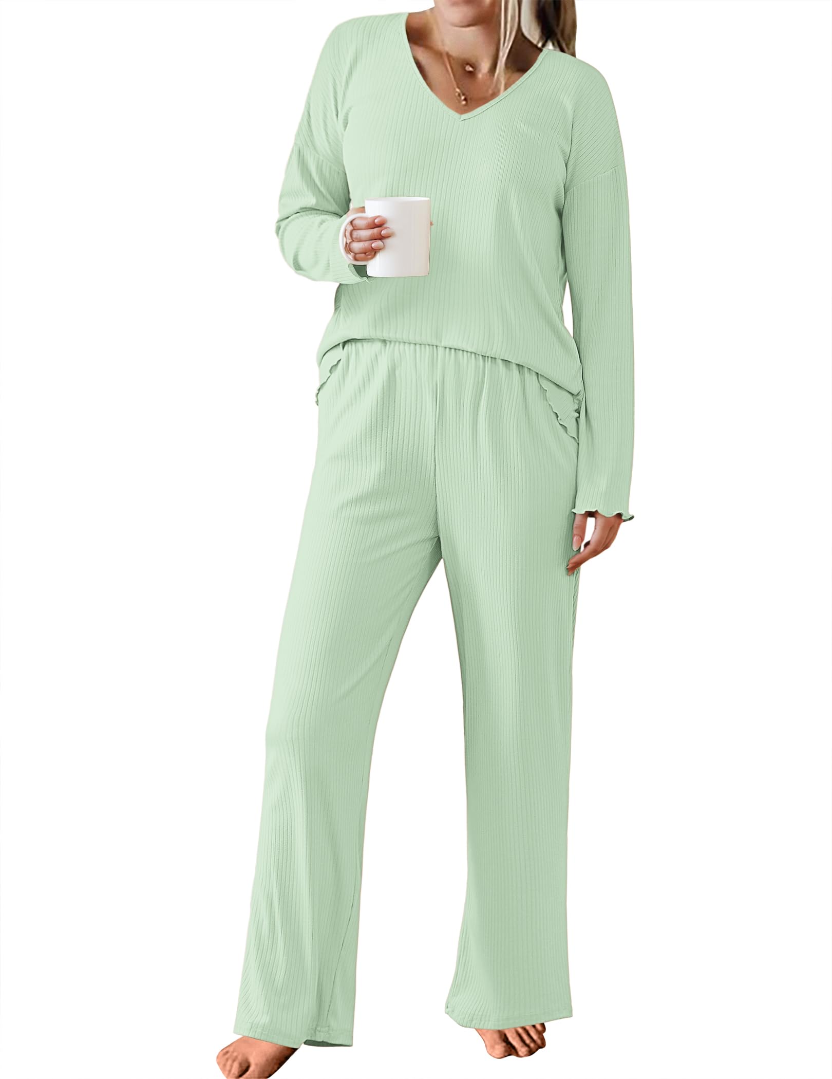 Ekouaer Womens Ribbed Knit Pajamas Set V Neck Long Sleeve Pj Set 2 Piece Loungewear Casual Sleepwear