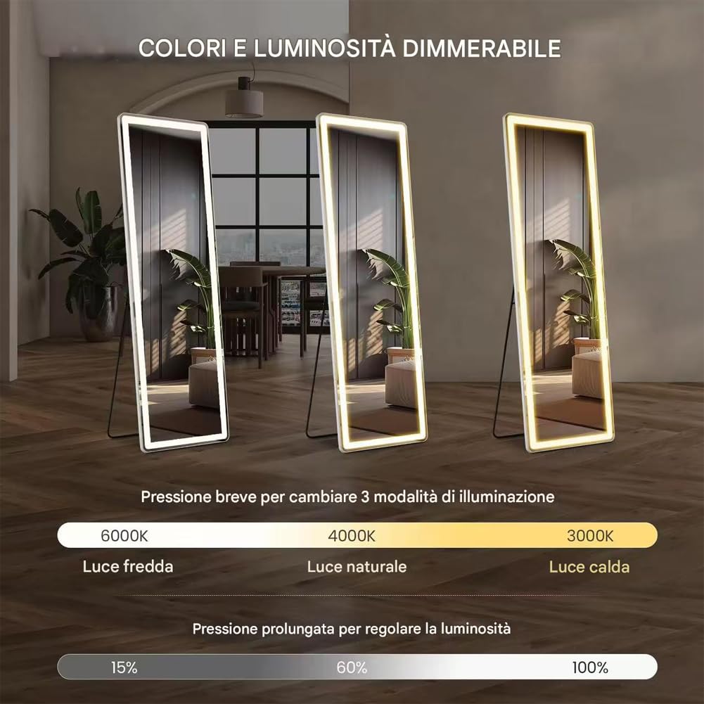 Shally Dogan Specchio da Terra Figura Intera con Luci Led e Pulsante Touch, Stand da Pavimento Struttura Alluminio Resistente con Illuminazione Dimmerabile Bianco Freddo, Caldo e Naturale, 160 x 50 cm