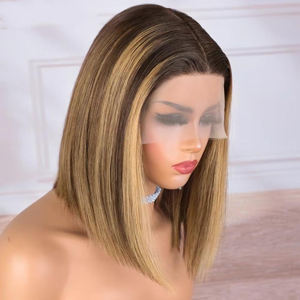 Haarpflege 100% Echthaar Perücke Highlight Braun Langer Gerader Mittelteil Bob Spitzenfront Für Frauen Ohne Kleber(Highlight Brown,10inches)