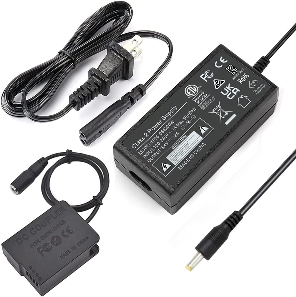 DMW-DCC8 DC Coupler Dummy Battery DMW-AC8 AC Power Adapter Kit for Panasonic Lumix DMC-G7, DMC-G85, DC-FZ1000 II, DMC-GH2, DMC-G5, DMC-G6, DMC-FZ200, DMC-FZ300, DMC-FZ2500 Cameras