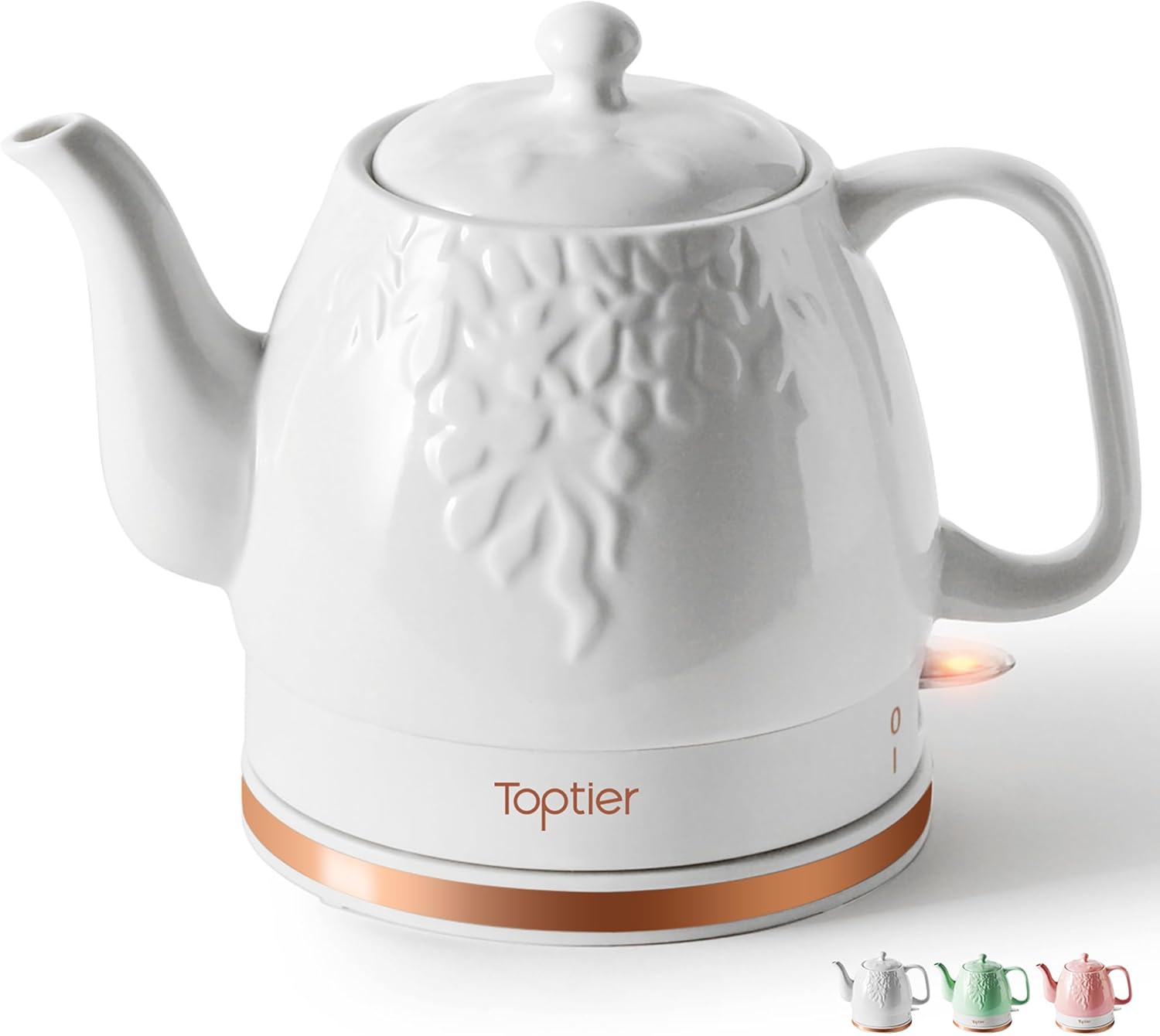 Toptier Electric Ceramic Tea Kettle, Boil Water Quickly and Easily, Detachable Swivel Base & Boil Dry Protection, Carefree Auto Shut Off, 1 L, White Leaf Toptier Electric Ceramic Tea Kettle, Boil Water Quickly and Easily, Detachable Swivel Base & Boil Dry Protection, Carefree Auto Shut Off, 1 L, White Leaf
