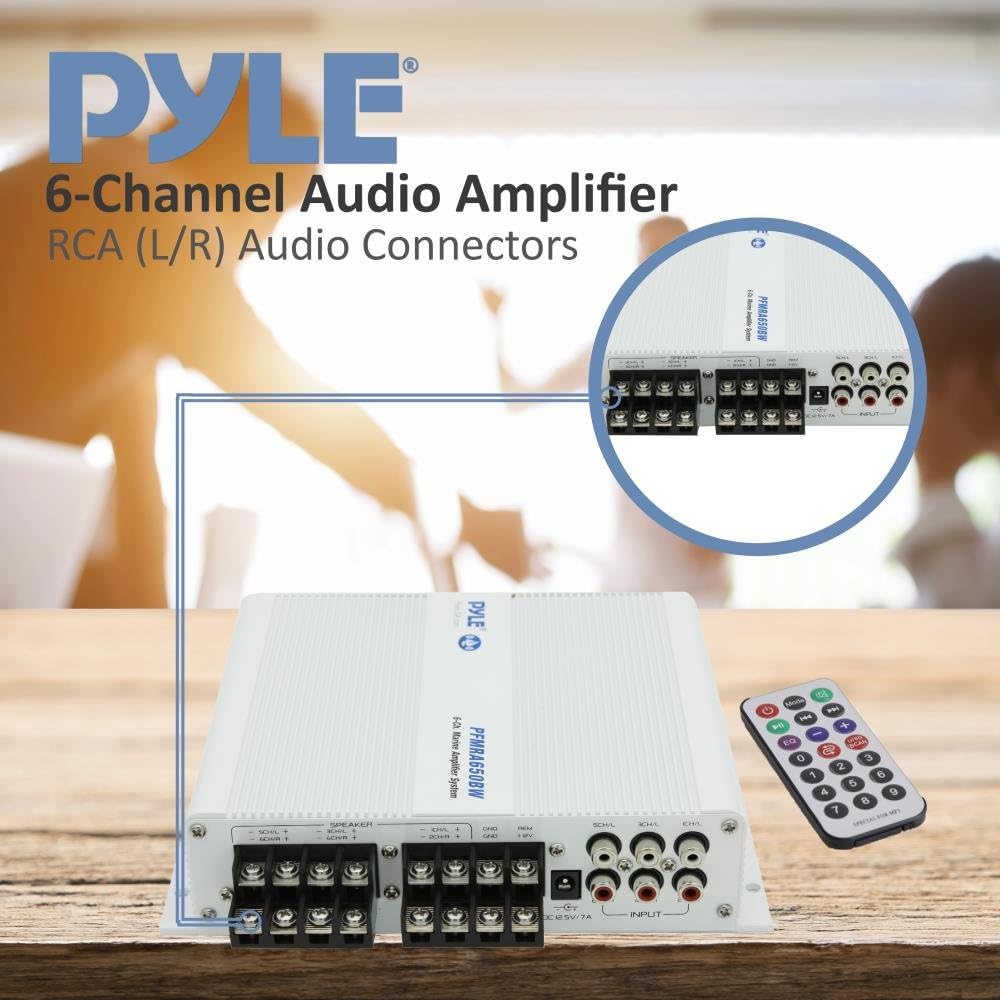 Pyle 6-Channel Audio Marine Amplifier - Compact Power 600 Watt RMS 4 OHM Full Range Stereo with Volume Bass Treble Rotary Control - Wireless Bluetooth Receiver Speaker & LCD Digital Screen : Electronics