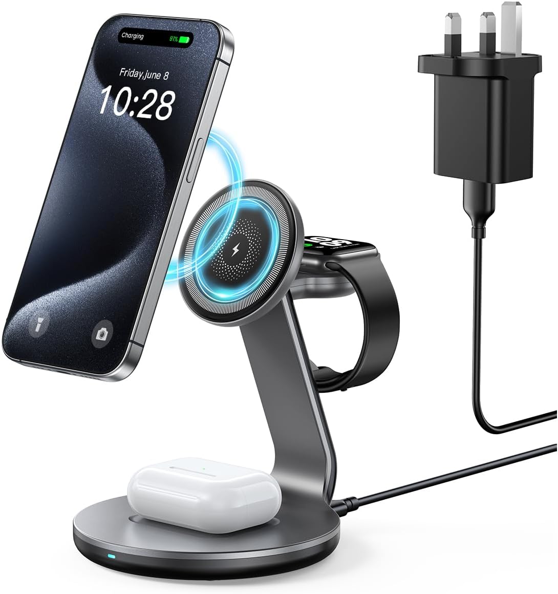 3 in 1 Wireless Charging Station Compatible with iPhone 16/15/14/13/12/Pro/Pro Max/Mini, for Apple Watch Ultra/8/7/SE/6/5/4/3/2, AirPods 3/2/ Pro (with Adapter)