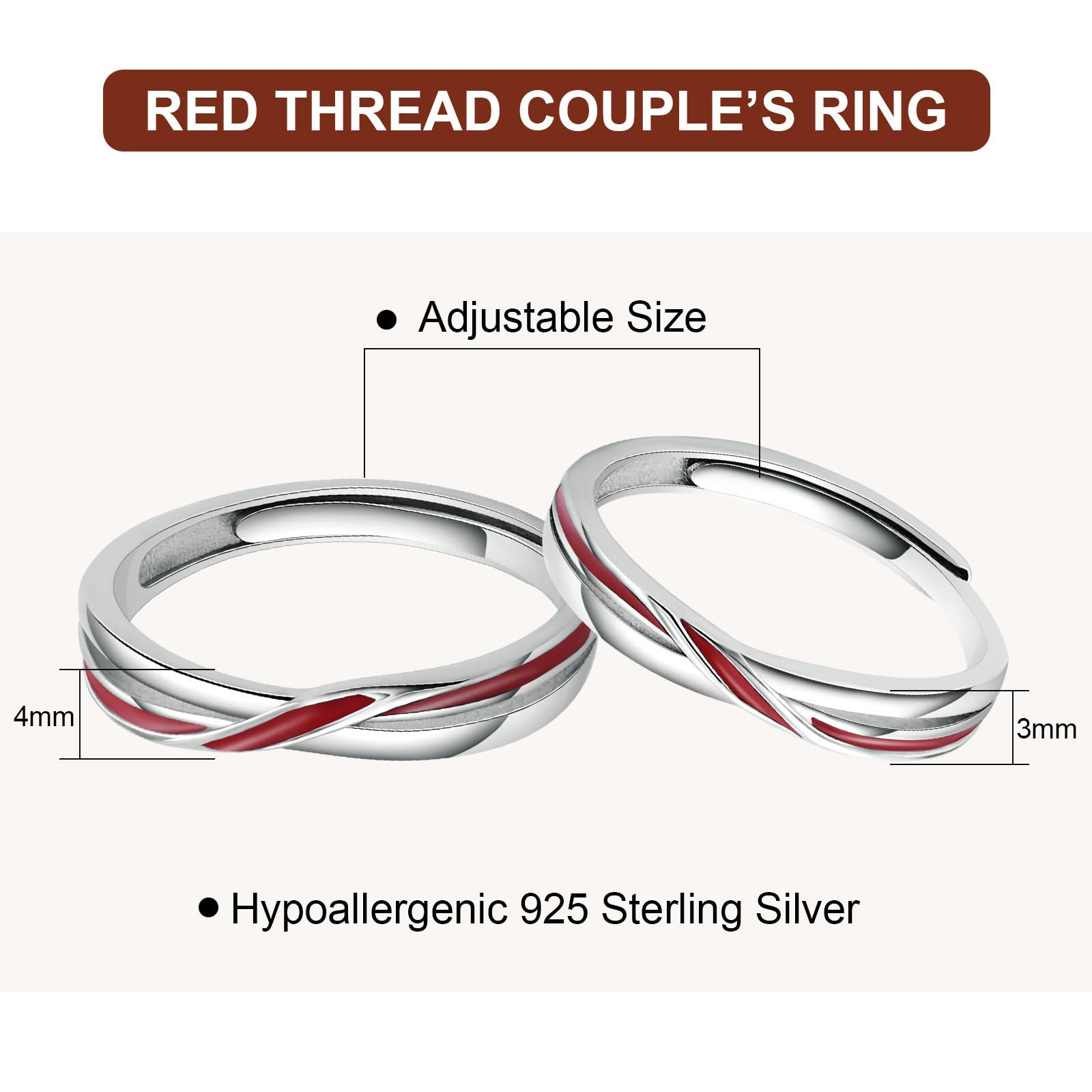 Anello, Anello Uomo Argento con La Linea Rossa Argento Sterling Nozze Anelli Regolabili per Uomo e Donna