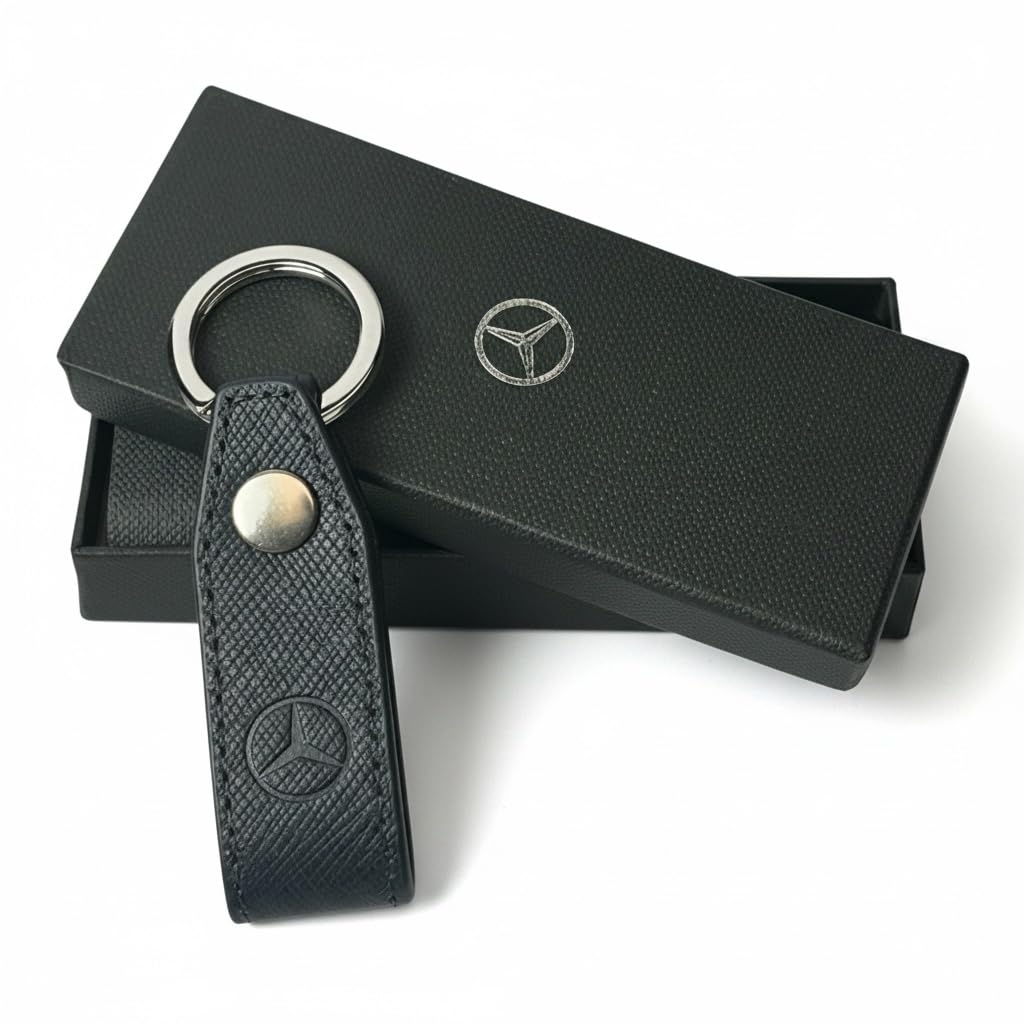 Mercedes-Benz orginal Llavero estribo color navy, Cuero con Logo, Anilla Metálica Plateada