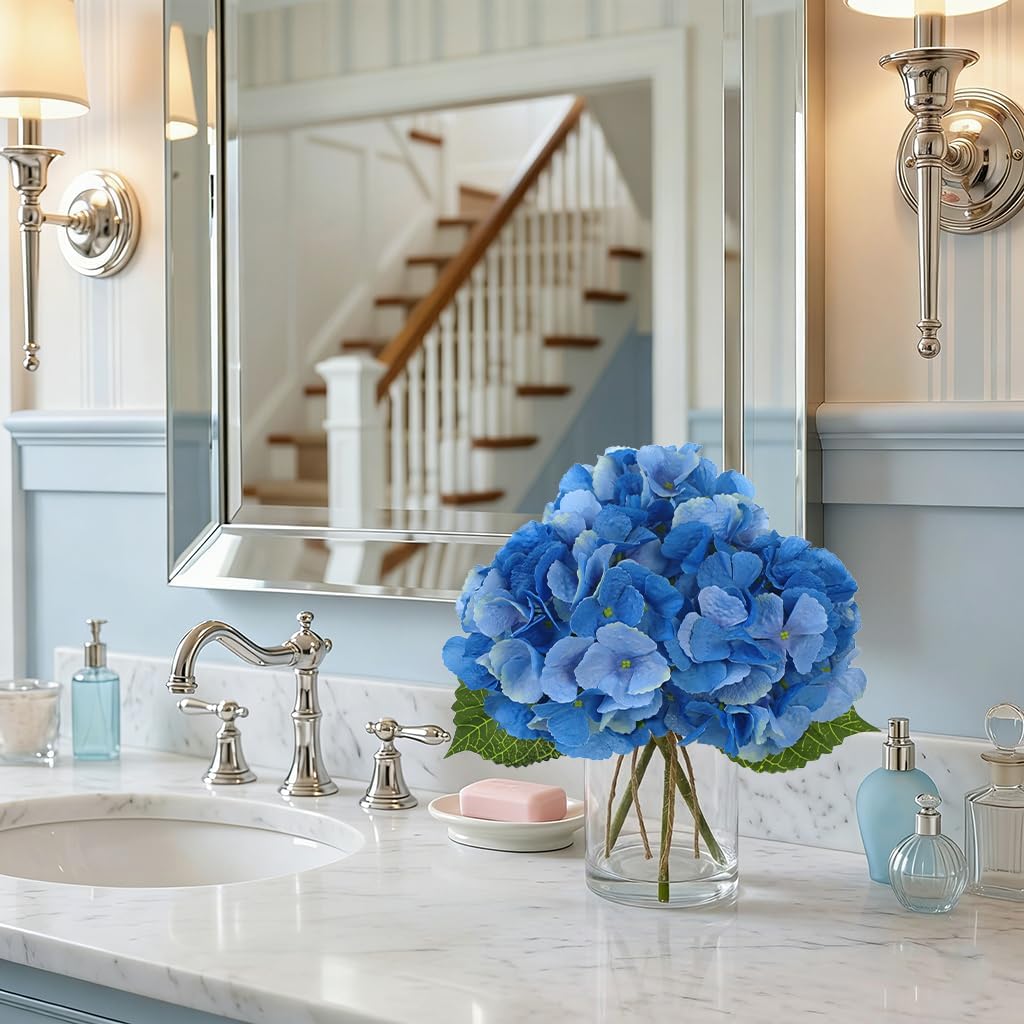 DILATATA Hydrangea Artificial Flowers with Glass Vase, Blue Real Touch Silk Hydrangea Arrangement with Faux Water, Small Faux Floral Centerpiece for Home Decor, Wedding, Bathroom, Shelf, Coffee Table