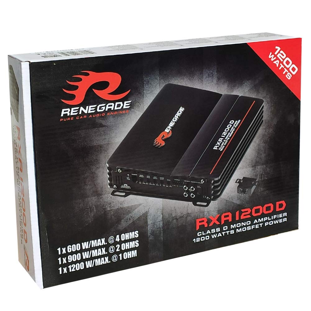 1 amplificador RENEGADE RXA1200D RXA 1200 D monoaural clase d 1 canal 600 vatios rms estable a 1 ohm 1200 vatios max bass boost spl coche, 1 pieza