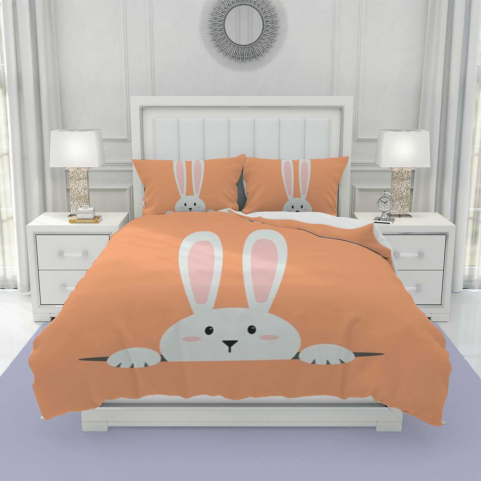 Parure de lit housse de couette et taie motif lapin blanc en polyester doux CHEHONG