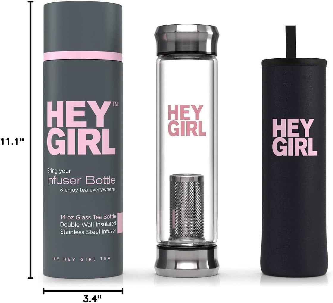Hey girl Glass Water Bottle Tea Infuser - 14oz Insulated Glass Bottles with Tea Steeper & Silicone Sleeve for Loose Leaf Tea & Infused Fruit - Travel Tea Brewer Tumbler Mug - Gifts for Tea Drinkers